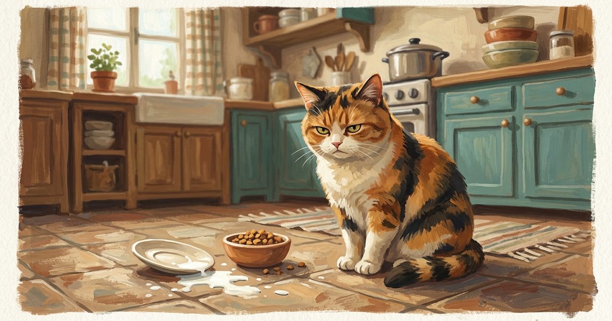 A calico cat with distinct orange, black, and white patches sitting on a kitchen floor beside a spilled saucer of milk and a bowl of kibble, looking mildly disgruntled