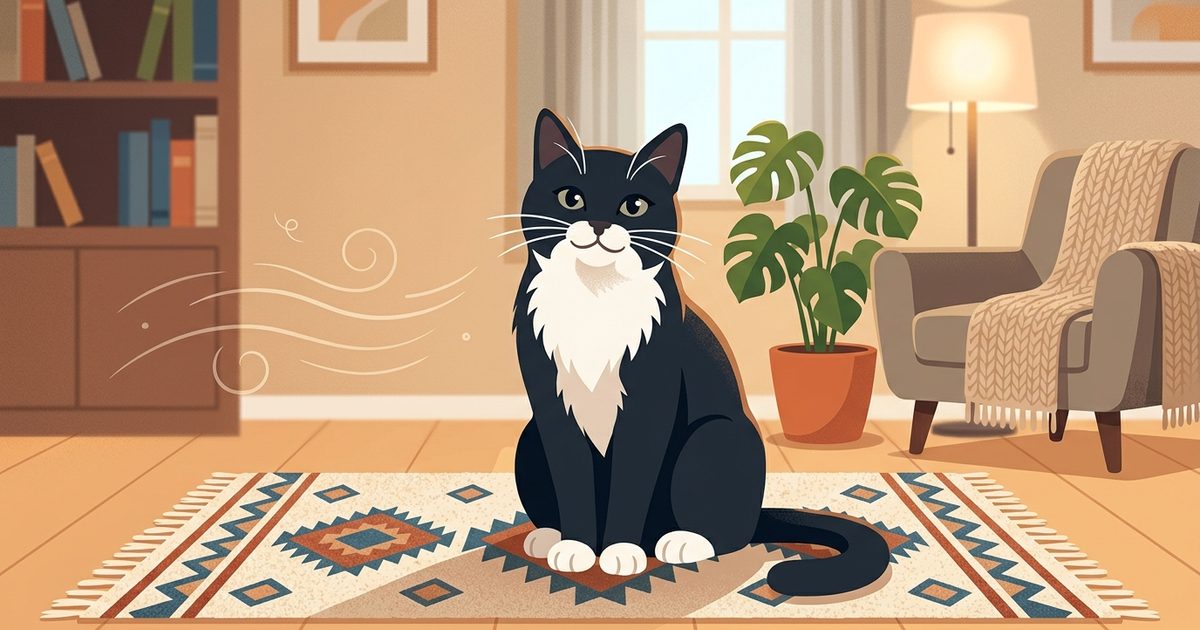 A tuxedo cat with a black coat and a white chest and paws sitting on a cozy rug looking mildly sheepish and unbothered, warm domestic living-room scene