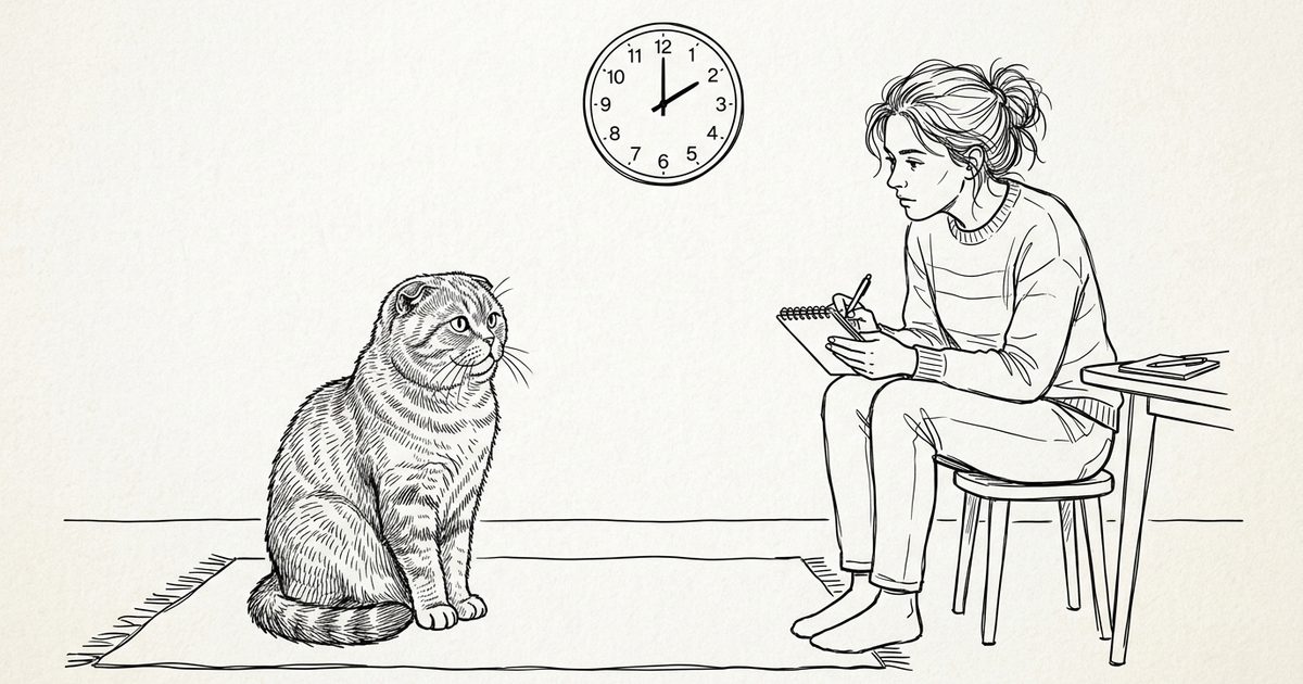A minimalist ink line-art sketch of a Scottish Fold cat with folded ears and round gray face, watched by an owner with a notepad and wall clock suggesting monitoring over time