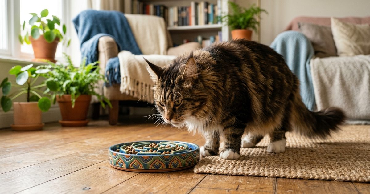 A large Maine Coon cat with long fluffy brown tabby fur and tufted ears and paws happily eating from a slow-feeder puzzle bowl on the floor, content and engaged
