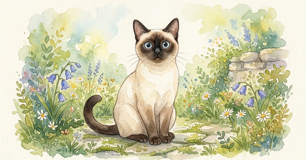 A Siamese cat with a cream body and dark seal-brown points sitting upright with a slightly surprised and wide-eyed expression, soft storybook watercolor wash