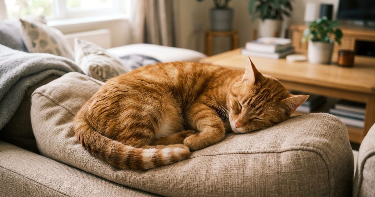 A ginger orange tabby cat with classic mackerel stripes curled up sleeping peacefully and contentedly on a soft sofa cushion, relaxed and at ease