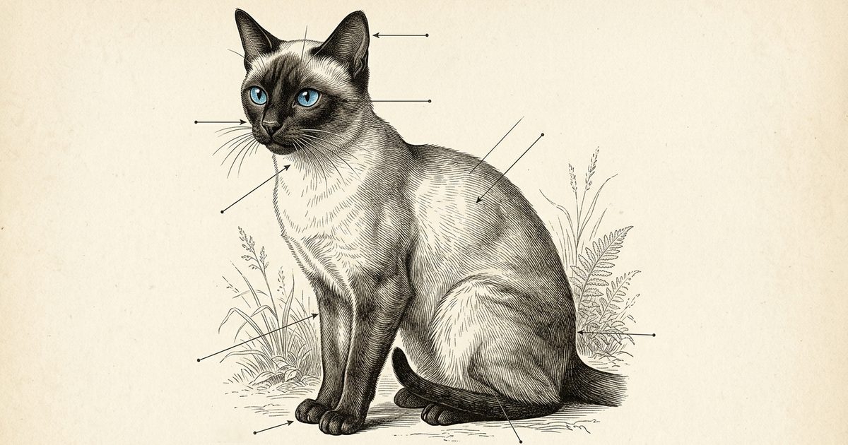 A Siamese cat rendered as a fine annotated engraving with delicate callout markers to nose, eyes and throat, science-authoritative vintage encyclopedia plate