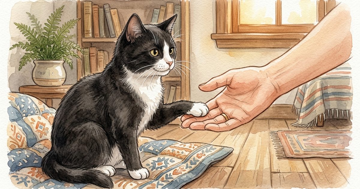 A tuxedo cat beside a gently reaching human hand, warm interspecies bond and quiet reassurance, soft watercolor storybook mood with no trace of fear