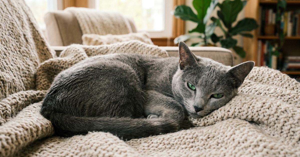 A Russian Blue cat with a dense silvery-blue coat curled up on a soft blanket, ears slightly drooping, calm and under the weather, tender domestic scene