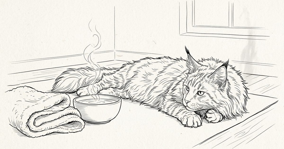 A large Maine Coon with tufted ears and a flowing ruff resting beside a gently steaming bowl of water and a folded warm blanket, minimalist ink line-art recovery scene