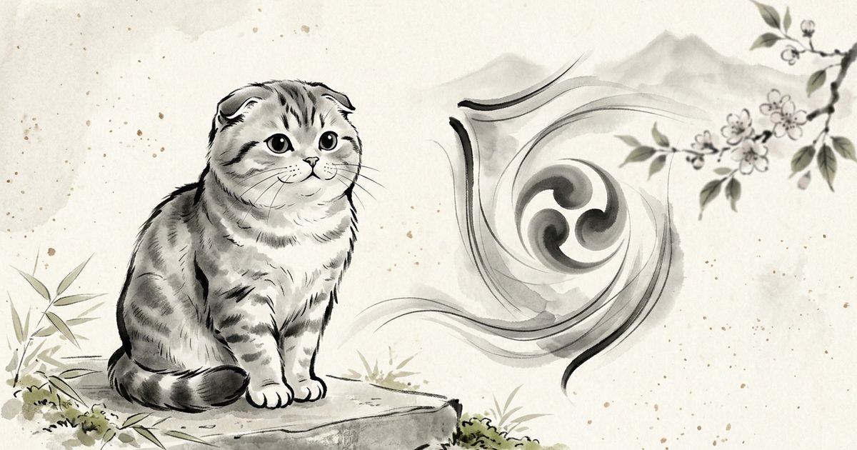 A Scottish Fold with folded-forward ears and a round gray coat beside a subtle flowing shield motif, serene protective sumi-e ink wash
