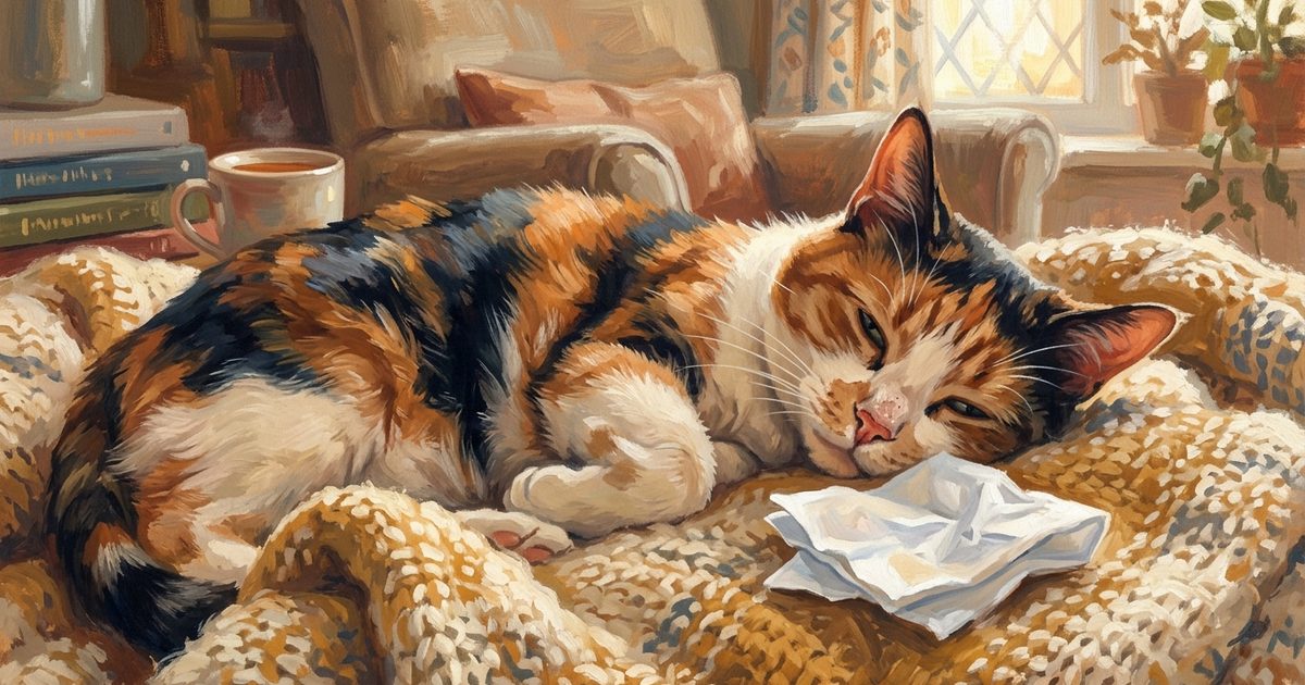 A calico cat with droopy half-closed eyes and a small damp nose resting beside a soft folded tissue, warm cared-for gouache mood