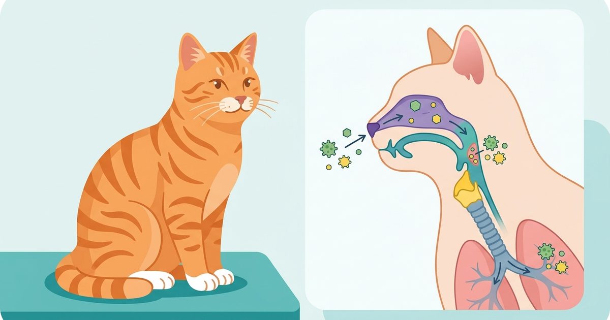 A ginger orange tabby beside a clean stylized cross-section diagram of a cat's upper respiratory tract with subtle viral markers, warm educational concept illustration