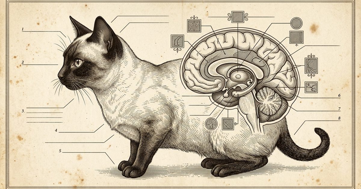 A Siamese cat rendered as a vintage botanical-plate engraving with annotated brain-region callouts in a cross-hatched, science-authoritative illustration style