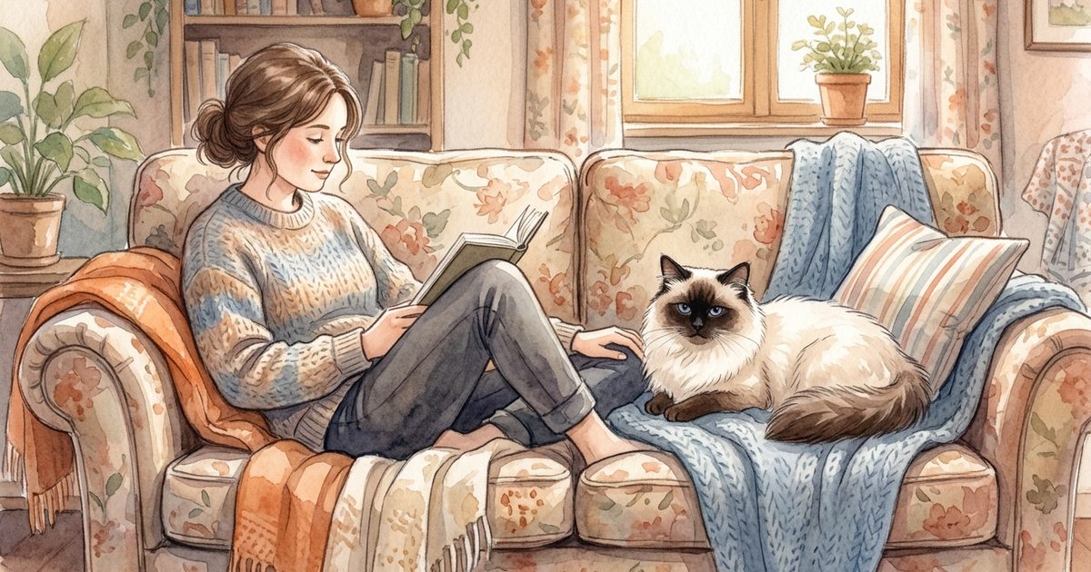 A Ragdoll cat with long silky cream fur and a dark brown colorpoint face resting calmly beside a person on a couch, soft watercolor children's-storybook illustration conveying autonomous proximity and a tender bond