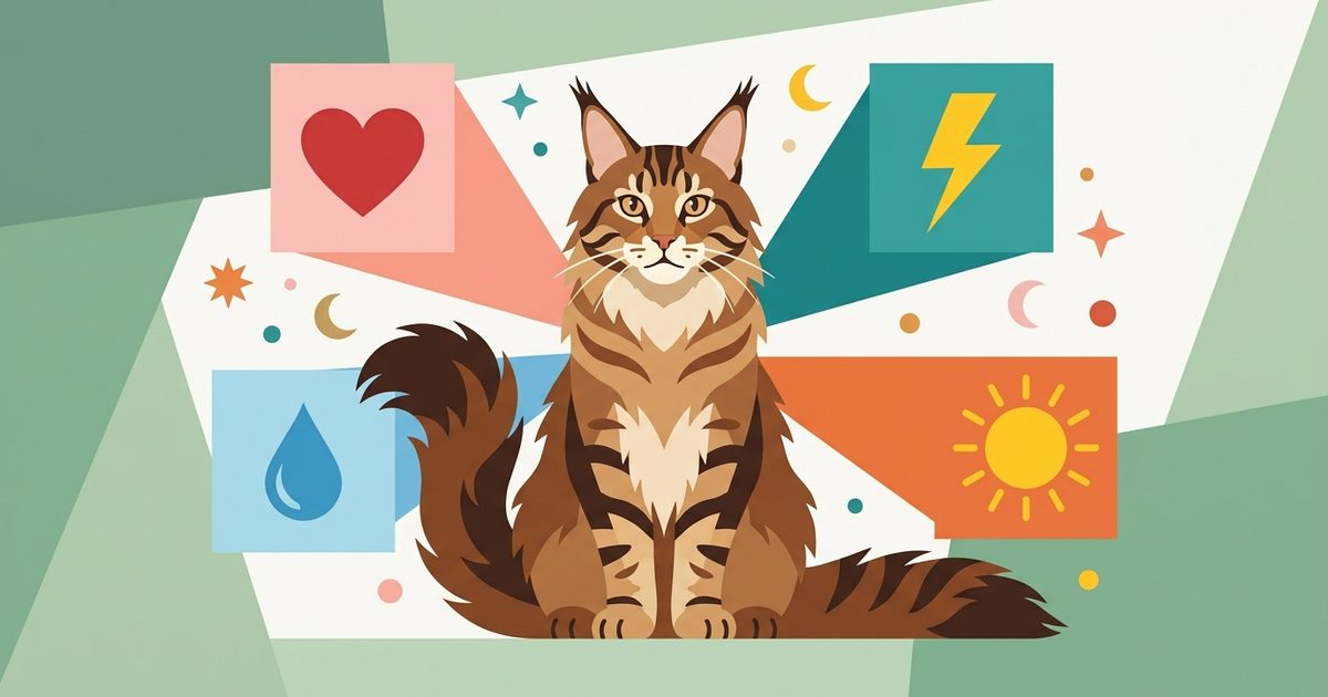 A large Maine Coon with long fluffy brown tabby fur centered with simple minimalist emotion icons radiating around it in a flat vector concept illustration