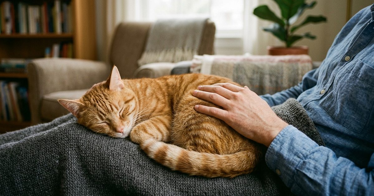 A ginger orange tabby cat with classic mackerel stripe markings curled asleep on a person's lap, the person's resting hand on the cat's side, both relaxed and peaceful in a quiet therapeutic editorial photograph