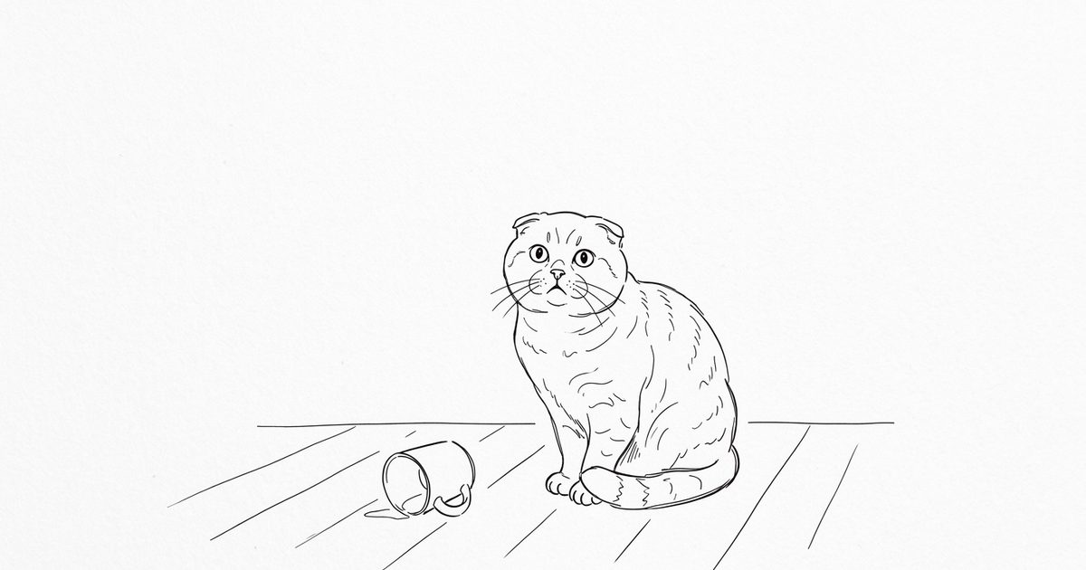 A Scottish Fold cat with distinctive folded-forward ears in a minimalist ink line-art sketch, sitting near a small knocked-over object and looking up warily, sparse and thoughtful composition