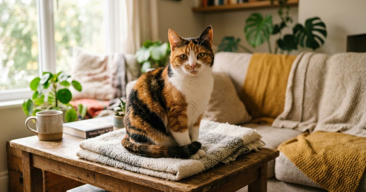 A calico cat with distinct orange, black, and white patches gazing softly at the camera, ears forward and relaxed in a warm domestic setting, trusting expression