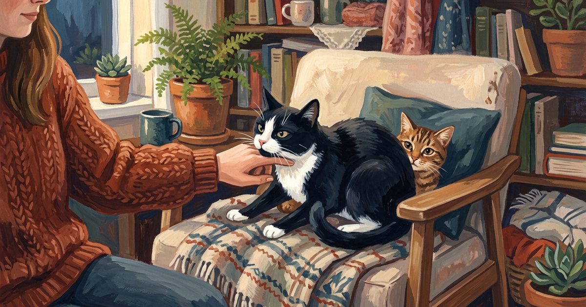 A tuxedo cat with black coat and white chest assertively inserting itself between a person's hand and a second small cat in a cozy gouache painting with textured painterly warmth