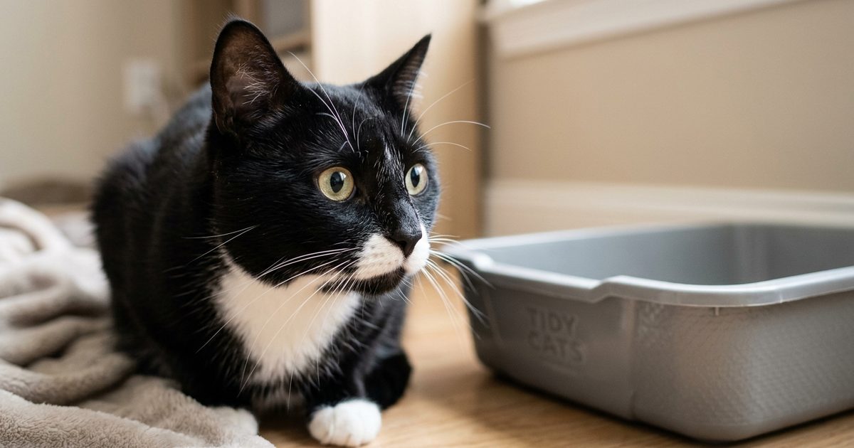 A tuxedo cat with a black coat and a white chest sits beside an empty litter box, face alert and slightly uneasy, macro close-up