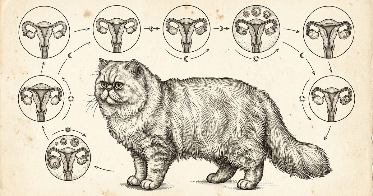 A Persian cat with long silver fur and a flat round face shown as a vintage botanical-plate engraving, sepia ink on aged ivory paper
