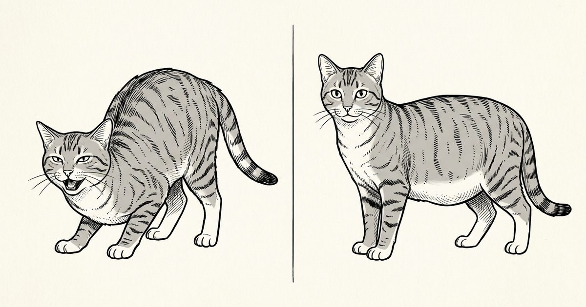 A gray tabby cat in a minimalist ink line-art diagram, left side showing the mating posture of heat, right side a rounded belly of pregnancy, clean linework