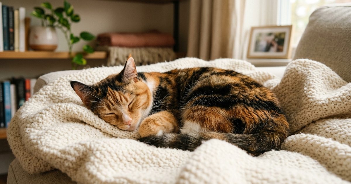 A calico cat with patches of orange, black, and white fur curled peacefully on a soft cream blanket, relaxed and content, warm domestic setting