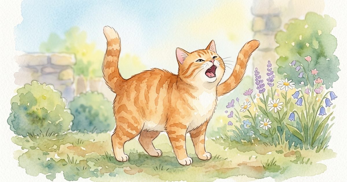 A ginger orange tabby cat with mackerel stripes caught mid-yowl with mouth open, back arched and tail raised, painted in soft watercolor storybook washes with warm tender tones