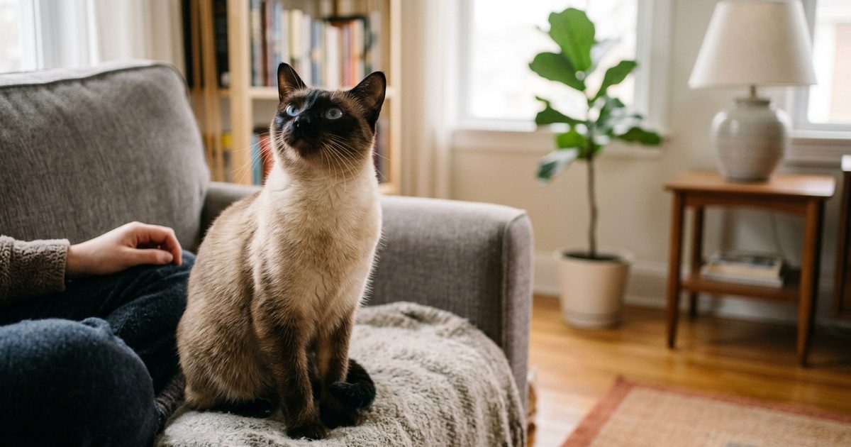 A Siamese cat with cream body and dark seal-brown points and bright blue almond eyes sitting attentively, ears forward, gazing up at its owner with a recognizing, alert expression in a warm domestic living room
