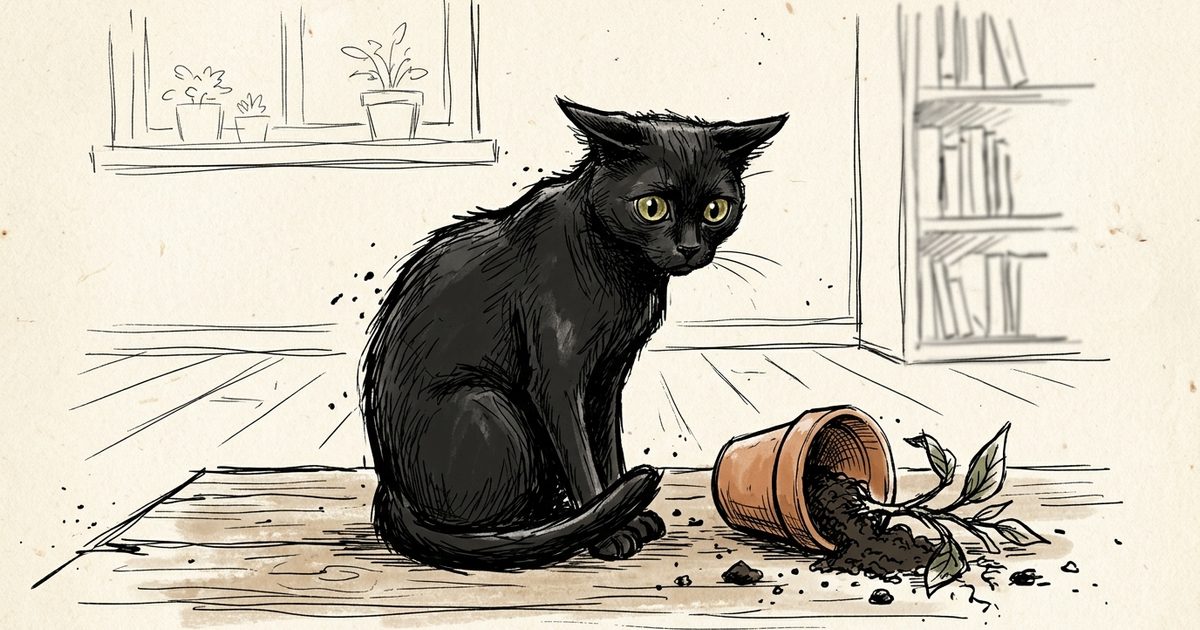 A solid black cat with sleek fur and large golden-green eyes in minimalist ink line-art sketch, sitting beside a small knocked-over potted plant with spilled soil, capturing the so-called guilty look