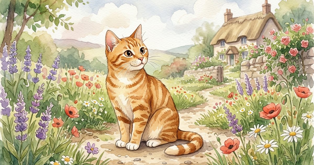A ginger orange tabby cat with classic mackerel stripe markings and a cream belly turning its head with one ear cocked toward an unseen voice calling its name, soft watercolor children's-storybook illustration