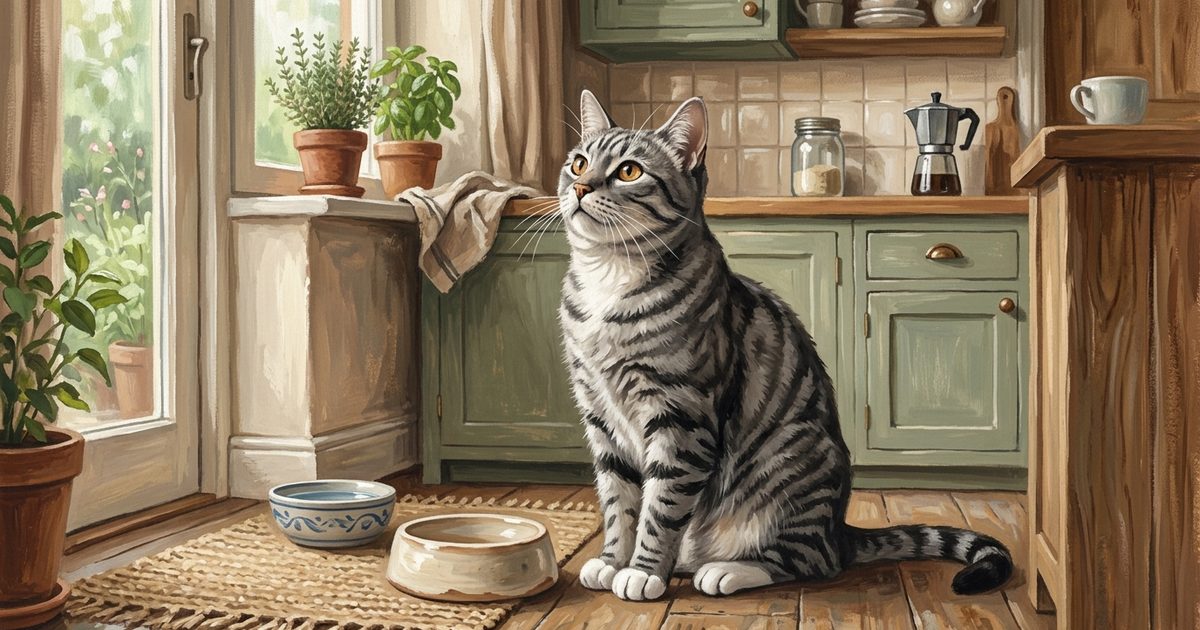 A gray tabby cat with dark charcoal stripes on a silver-gray coat and white paws sitting patiently beside an empty food bowl in a soft early-morning kitchen, head tilted up expectant, textured cozy gouache painting
