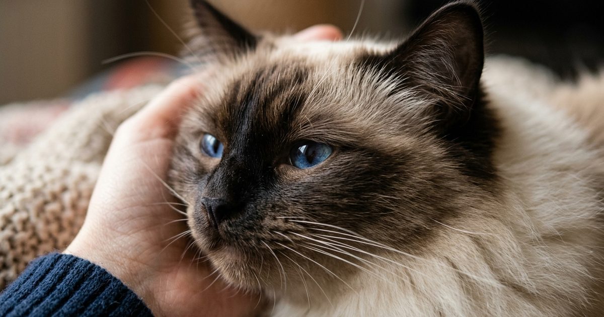 A Ragdoll cat with long silky fur, cream body with dark brown colorpoint face and ears, and striking blue eyes in extreme close-up resting gently near a softly suggested human hand, macro photograph