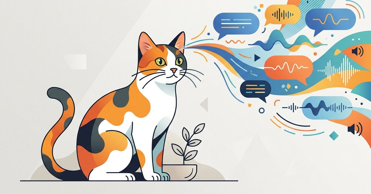 A calico cat with patches of orange, black, and white fur with stylized speech-bubble shapes and sound waveforms flowing toward its perked ears, clean flat modern vector illustration on a soft neutral background