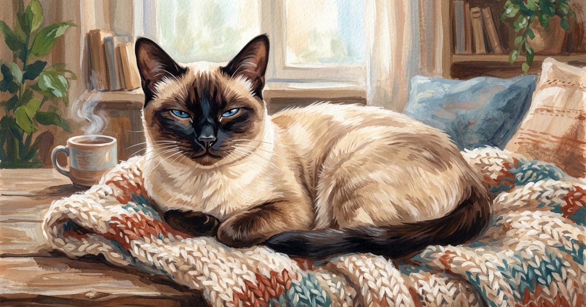 A Siamese cat with cream body, dark seal-brown points and bright blue almond eyes doing a slow blink with eyes half-closed toward the viewer, serene affectionate expression, warm cozy gouache painting