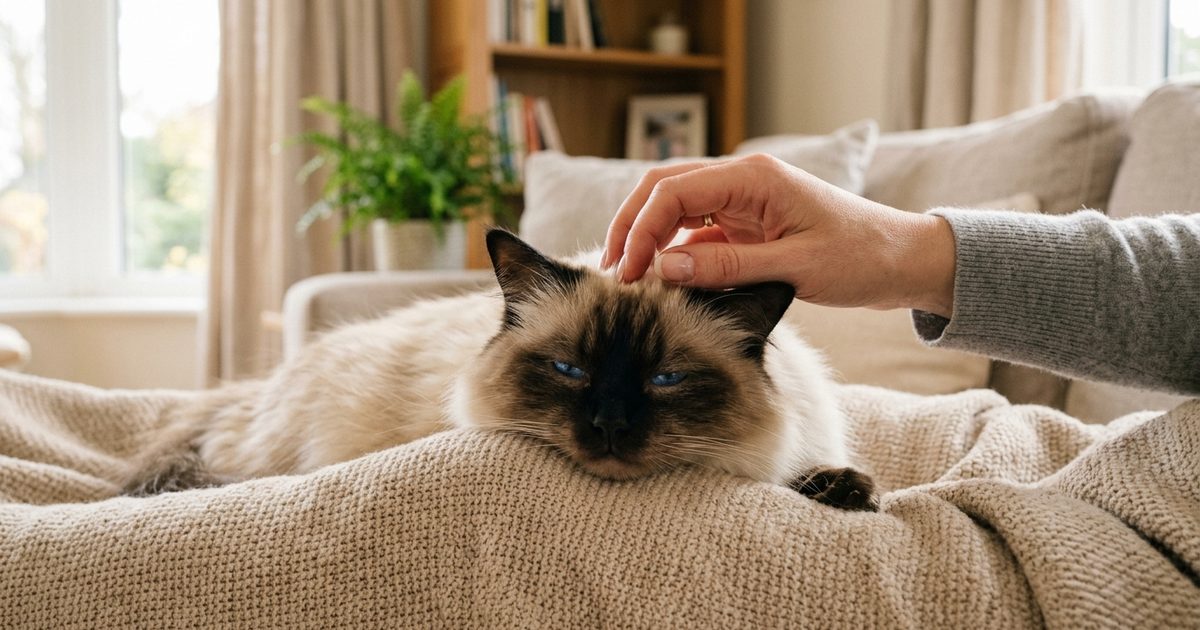 A cream Ragdoll cat with dark brown colorpoint face and striking blue eyes being gently touched on top of the head by a human hand, calm trusting expression with half-closed eyes