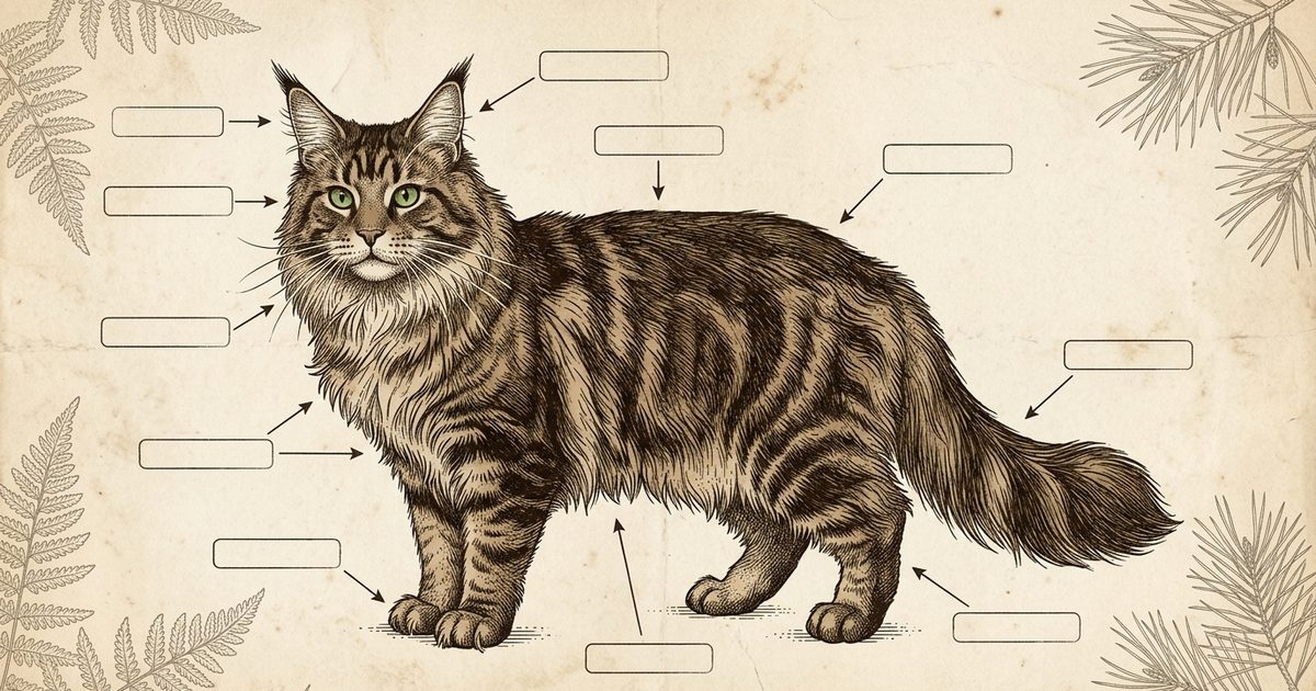 A large Maine Coon cat with fluffy brown tabby fur, tufted ears and paws, in vintage encyclopedia engraving style with callout markers marking the head as safe and the eyes and mouth as avoid