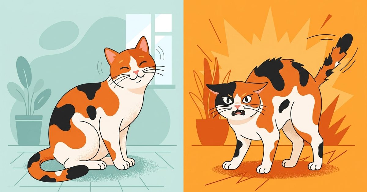 A calico cat with orange, black and white patches in a two-panel concept — left side leaning in purring with content eyes, right side with flattened ears and a lashing tense tail, flat vector illustration