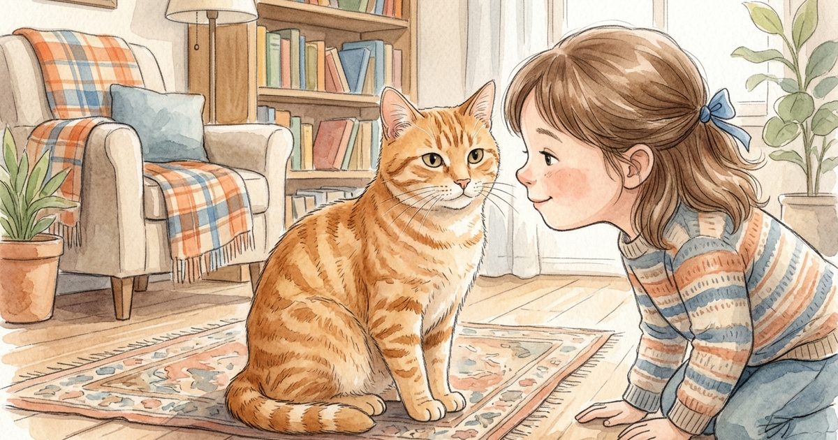 A ginger orange tabby cat with classic mackerel stripes sitting still and neutral while a human face leans in nearby, tolerant but not leaning in, soft warm domestic watercolor storybook setting