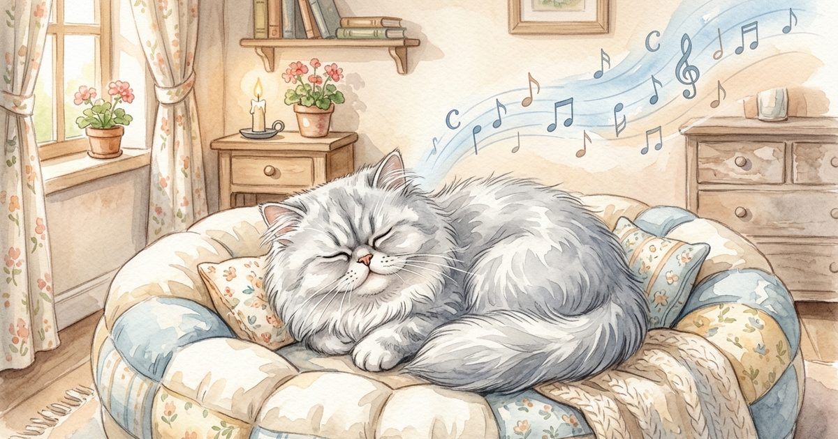 A Persian cat with long silver fur and a flat round face curled asleep in a soft cushioned bed, gentle music notes drifting nearby, peaceful and resting expression