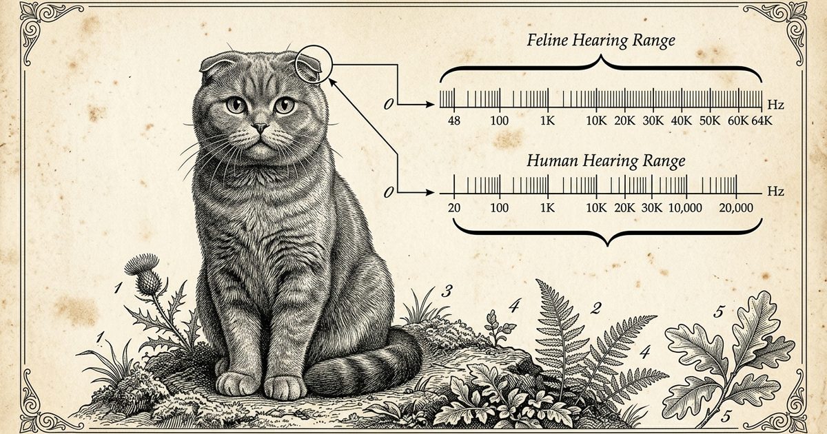 A Scottish Fold cat with distinctive folded-forward ears and a round gray face rendered as a detailed vintage scientific engraving, with annotated callout markers comparing feline and human hearing ranges