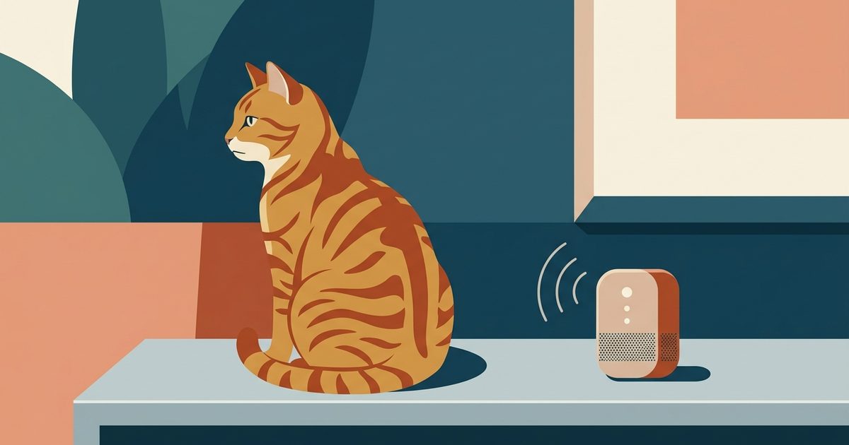 A ginger orange tabby with classic mackerel stripes sitting near a small streaming speaker, body deliberately turned away with a composed and indifferent expression