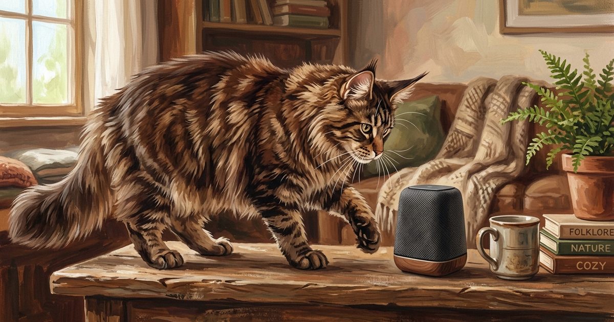 A large Maine Coon cat with long fluffy brown tabby fur and tufted ears approaching a small speaker with curiosity, one paw lifted and ears forward