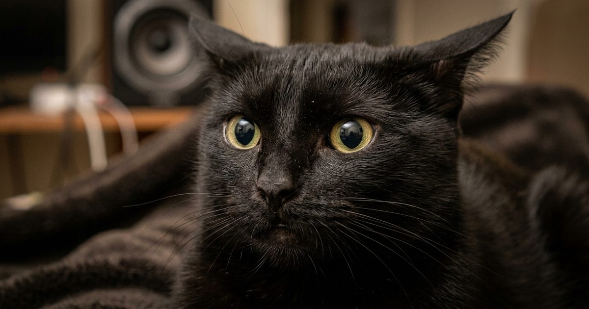 A solid black cat with sleek fur and large golden-green eyes in macro close-up with flattened ears, tense wide eyes, and a tight mouth — a clear signal of a stressed cat