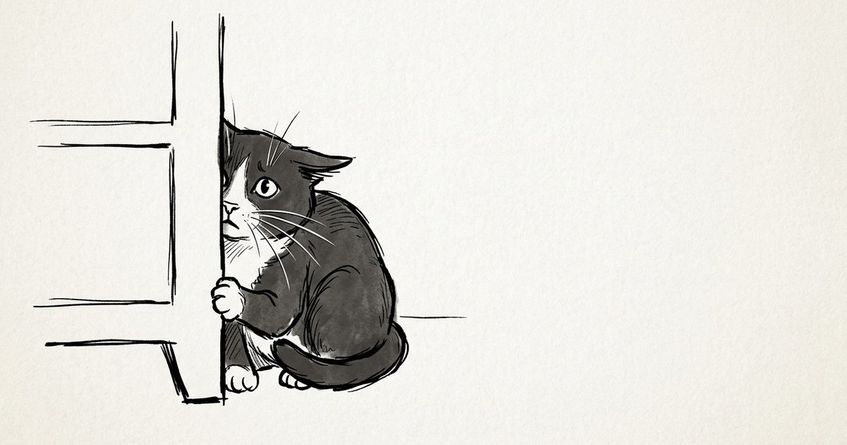 A minimalist ink line-art sketch of a tuxedo cat hiding behind furniture, ears flattened back