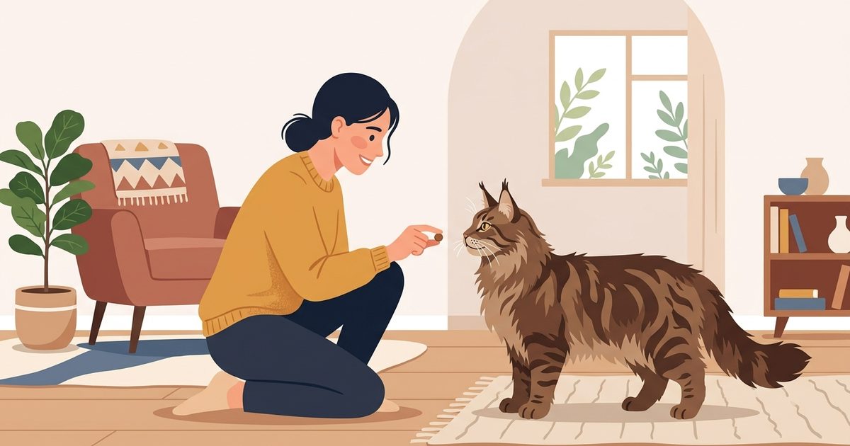 A flat modern vector illustration of a large Maine Coon as a person offers a small treat