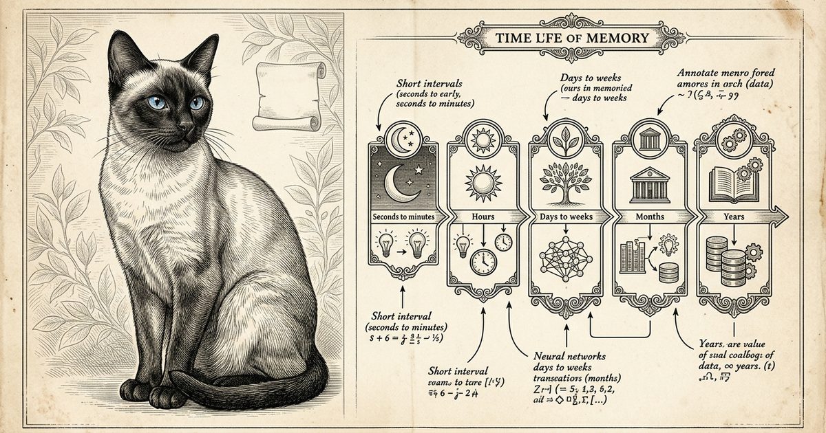 A vintage encyclopedia engraving of a Siamese cat with an annotated timeline diagram of memory durations
