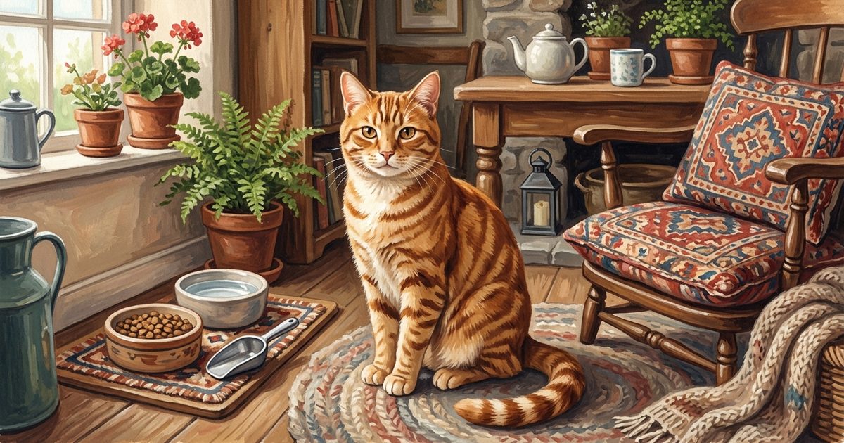 A confident orange tabby with classic mackerel stripes sitting by its food station