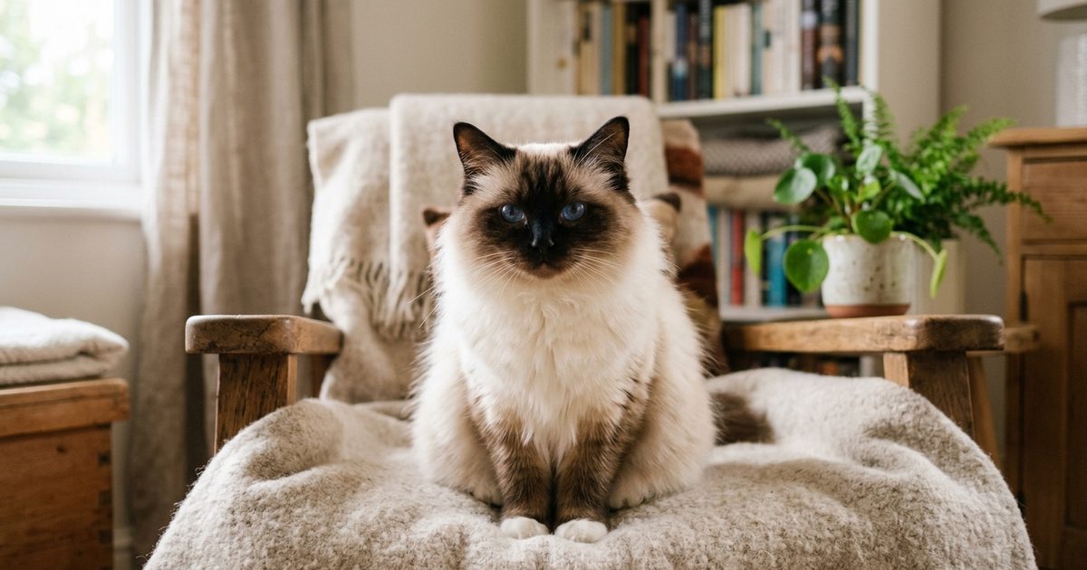 A thoughtful Ragdoll cat with striking blue eyes sitting calmly