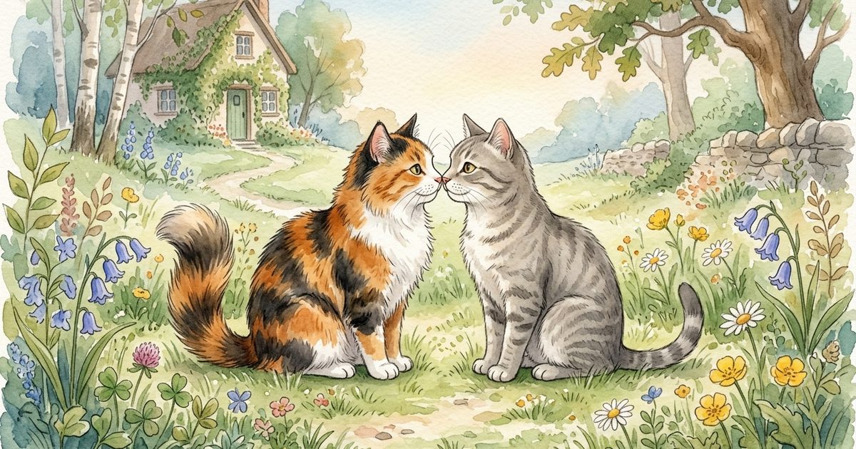 A soft watercolor storybook illustration of a calico cat greeting another cat in a nose-to-nose touch