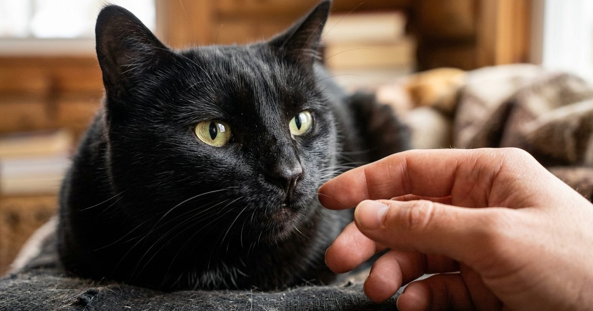 A macro close-up of a sleek black cat with large golden-green eyes gazing at a familiar hand