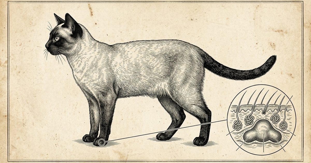 Vintage scientific engraving of a Siamese cat with cream body, dark seal-brown points, and bright blue eyes, annotated callout markers pointing to the paw pads indicating sweat-gland concentration