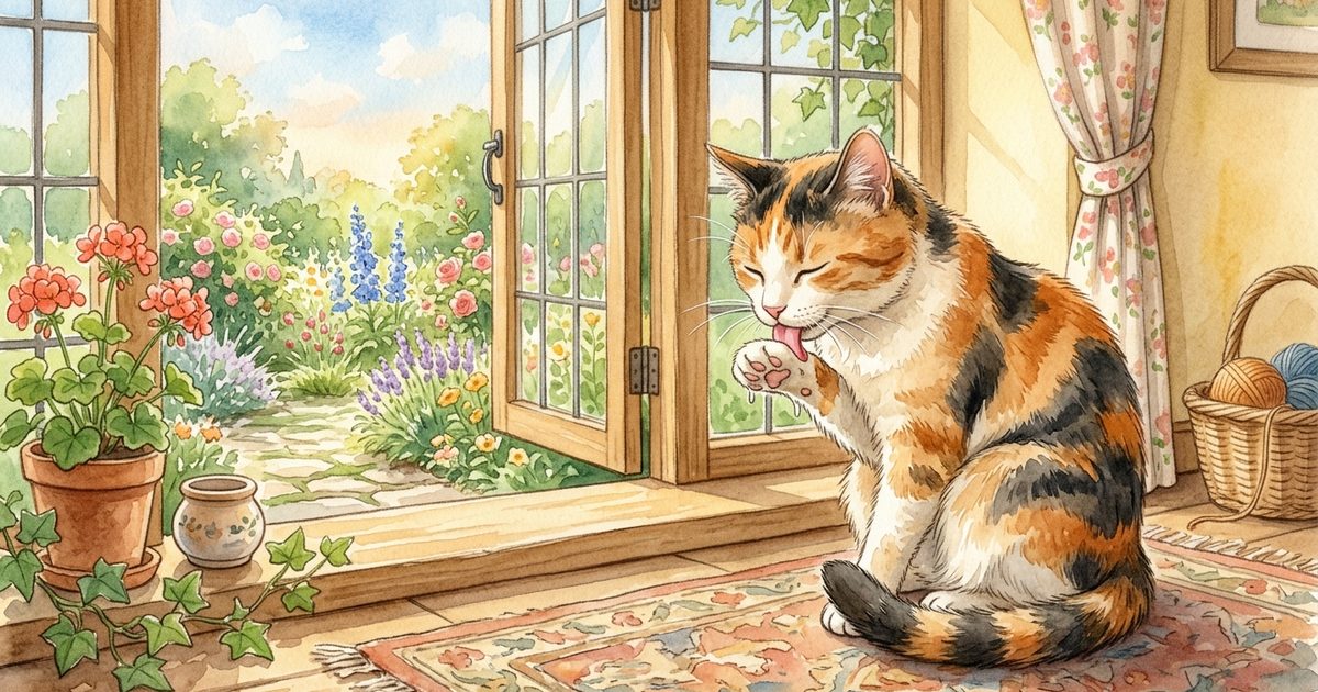 Soft watercolor calico cat with orange, black, and white patches grooming its forepaw beside an open window, coat slightly damp, calm and content